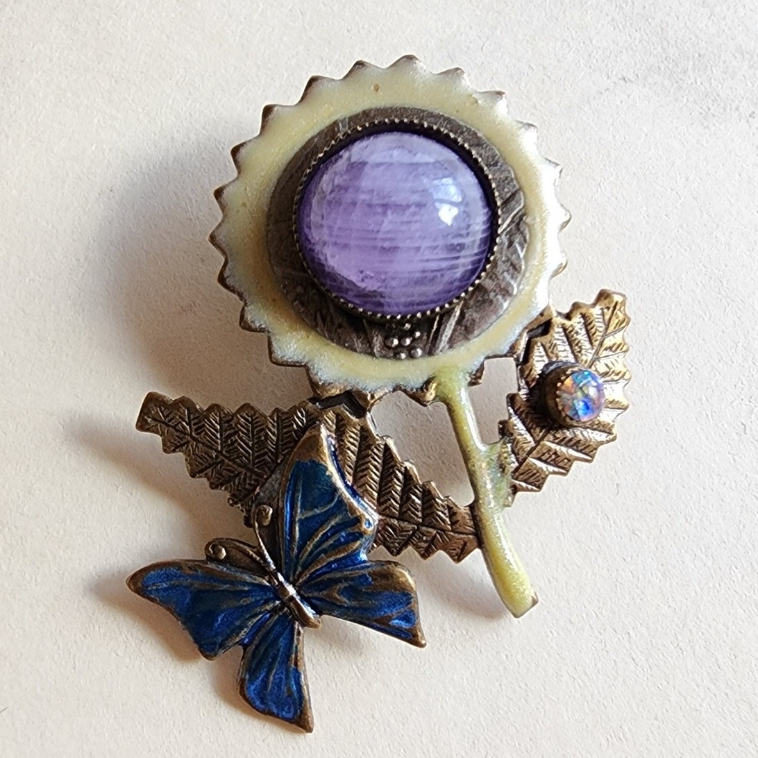 Amethyst Flower Brooch Enameled Brass Figural with Blue Butterfly AB Rhinestone View 2
