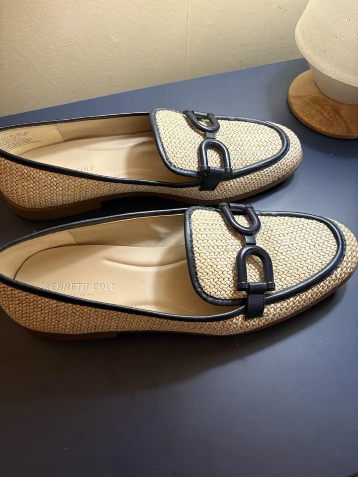 Mocasines Kenneth Cole NY Crema Rafia y Borde Negro Linda Horse Bit para Mujer Talla 9.5 Foto 4 de 4
