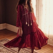 Christy Dawn Paloma Red Floral Tiered Lightweight Lined Boho Maxi Dress M