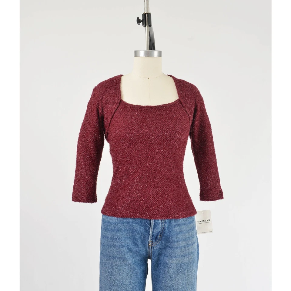 Top difuso de felpa vintage Y2K tejido brillante de una pieza elástico encogido de hombros talla XS S Foto 2 de 4