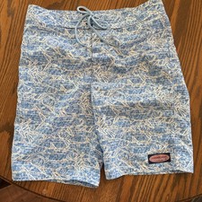 Vineyard Vines Swim Trunks Boys Large 16 Blue Fish Print Beach Preppy Lined