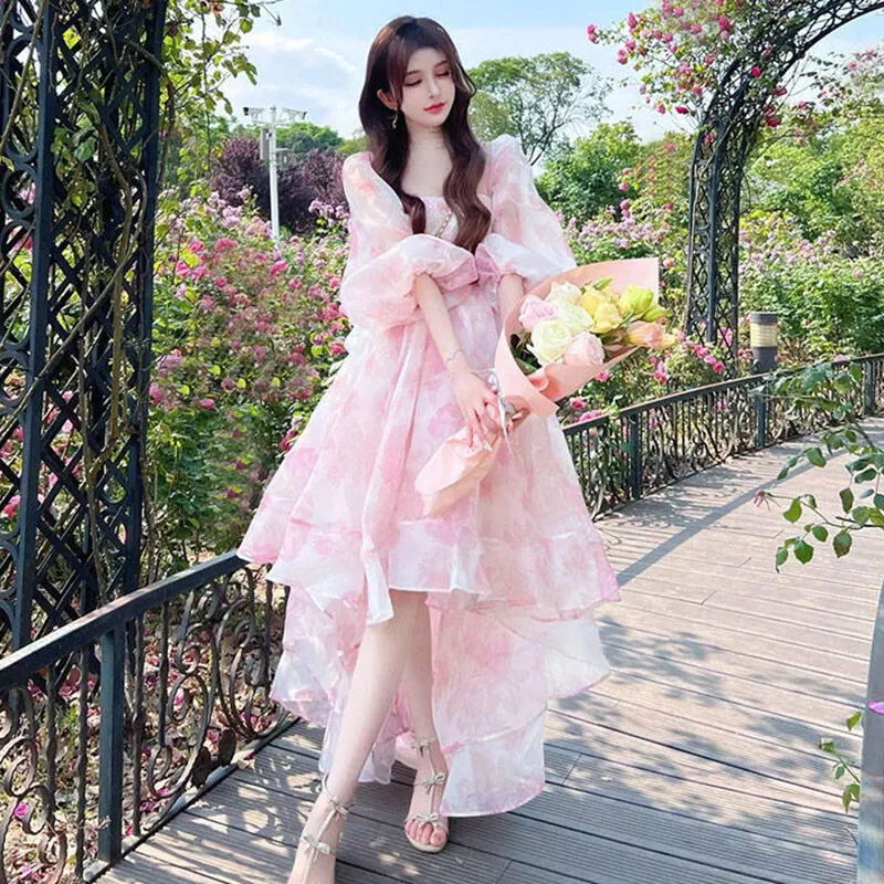 Women Party Puff Sleeve Fairy Dress Long Beach Dress Princess