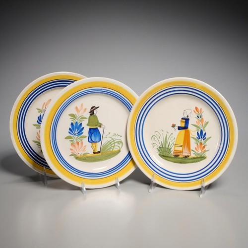 Henriot Quimper Man Lady Center French Faience Blue Yellow Salad Plates 3pc Lot