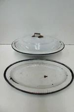 ANTIQUE ENAMEL WHITE LIDDED TUREEN BOWL & OVAL PLATE KER SWEDEN COUNTRY KITCHEN