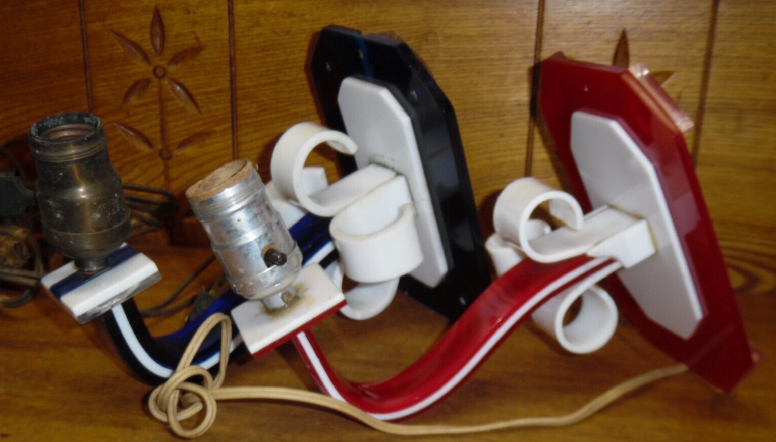 2 Vintage Retro Modern Red & Blue Bakelite Wall Lamp Sconces - AS IS