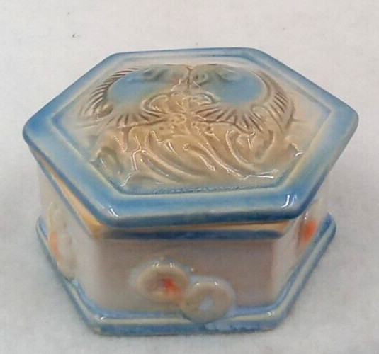 Vintage Trinket Dish Lid Hand Painted Beach Nautical Porcelain White Blue Japan