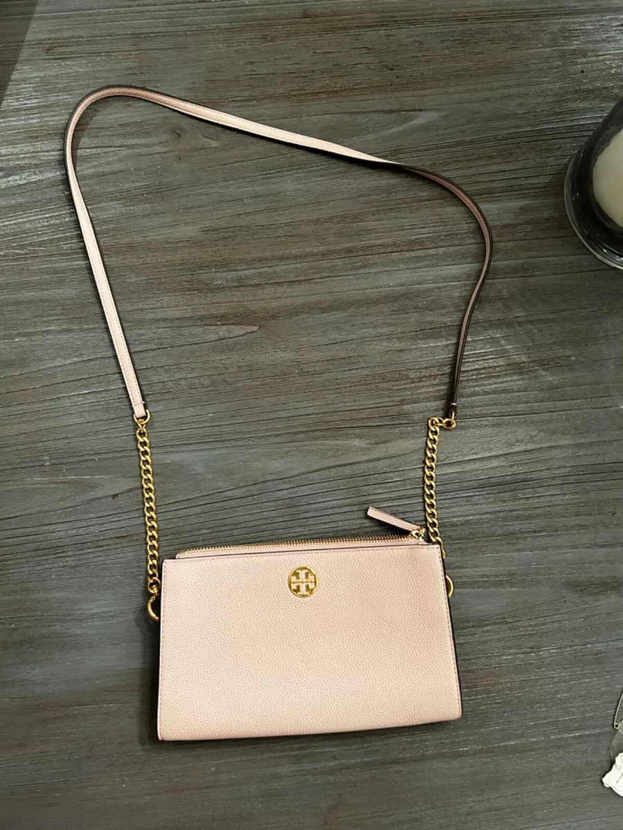 Tory Burch Crossbody Brown Everly Mini Top Zip Gold Details Pink Leather