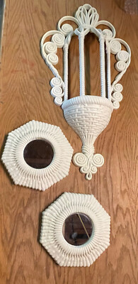 Vtg Cream Wall Pockets 1970s Burwood Planter Basket And Two Matching Mirrors