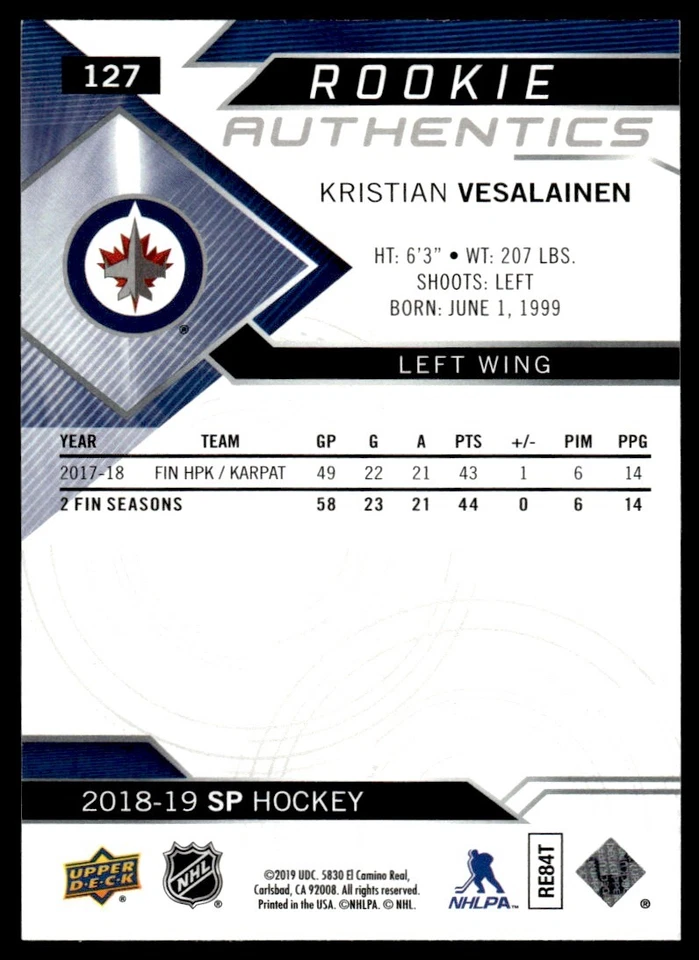 2018-19 SP ROOKIE AUTHENTICS Kristian Vesalainen Winnipeg Jets #127 - Image 2 of 2