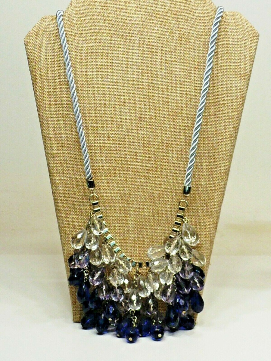 A69) Ann Taylor Loft XLong Grey Satin Cord w/ Purple Clear Drop Bead  Necklace