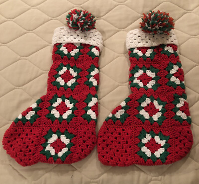 Set Matching Red/Green/White Granny Square Crochet Christmas Stockings 16 