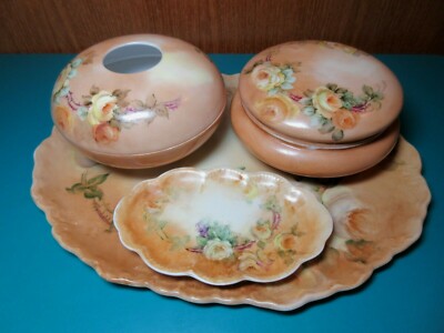 4pc Limoges Rose Vanity Dresser Set Hand Painted Tray Dish  display picture 3