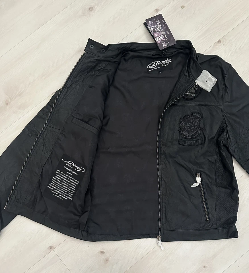Auténtica RARA Chaqueta de Motociclista de Cuero Bordada Ed Hardy Para Hombres L Foto 3 de 4