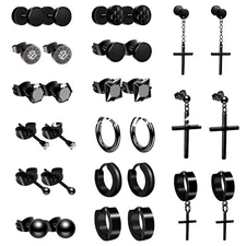 15 Pairs Stainless Steel Stud Hoop Cross Earrings Set Men Women Piercing Jewelry