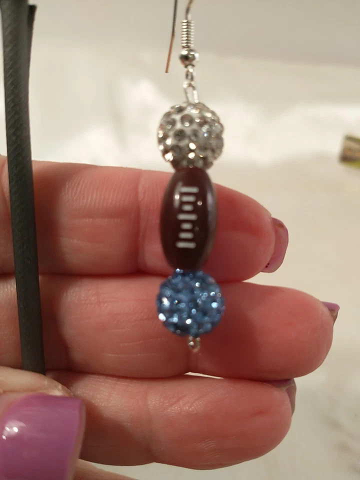 Pendientes Fútbol Plata 925 Detroit Lions Azul Transparente Estrás Perforados 2.25" Foto 2 de 4