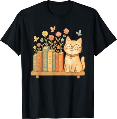 Cute Kawaii Cat Books Flowers T-Shirt unisex Tee