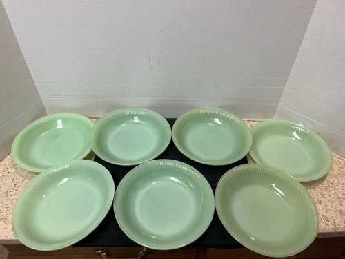 7 Fire King Green Jadeite Oven Ware Ribbed Shallow Bowls- 7 1/2”