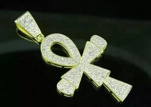 Authentic 2.10Ct Round Cut Moissanite Flare Edge Ankh Cross Pendant 14K Yellow Gold Plated