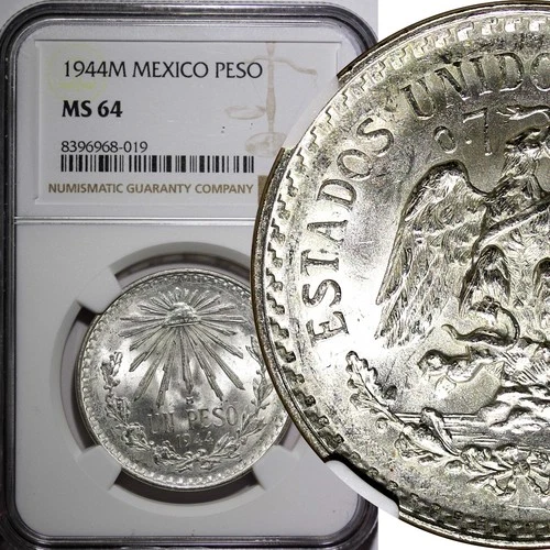Mexico ESTADOS UNIDOS MEXICANOS Silver 1944 M 1 Peso NGC MS64 GEM BU KM# 455 (9)