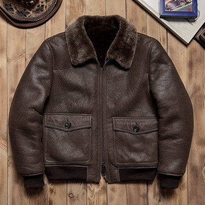 Classic Men's Bomber Retro Shearling Winter Warm Genuine Fur Jacket