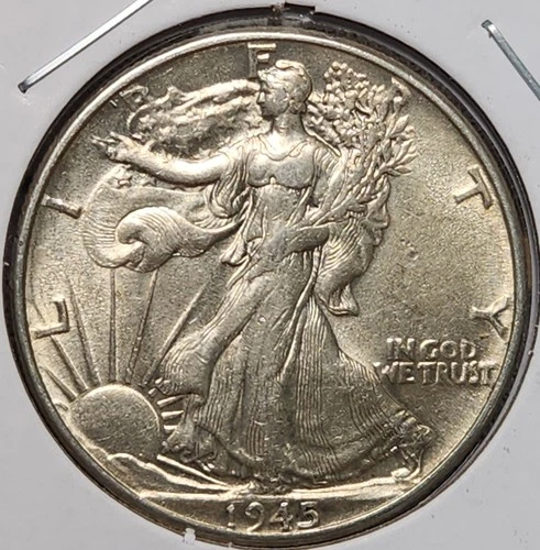 1945 P Walking Liberty Half Dollar AU+, 90% Silver, Die Crack Reverse! WL-45p22