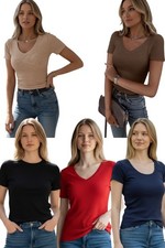 Cyrus Essentials Women Ribbed Short Sleeve Top, V, Scoop, & Crew Neck