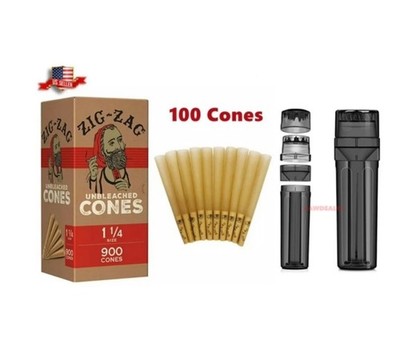 zig zag 1 1/4 size unbleached cone(100PK)+portable cone grinder filler 3in1