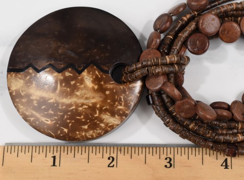 Silver Plate Multi-Strand Wood & Glass Bead Necklace w/ Wood Pendant 18-22" - Picture 4 of 14