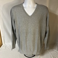 LL Bean Mens V-Neck Sweater Gray Cotton Cashmere Blend Medium Long Sleeve FS