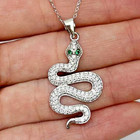 18K White Gold Over Silver CZ Emerald Snake Charm Pendant 1.4"