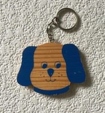 Vintage Keychain PUPPY DOG Key Ring Wood Fob 2- Sided Graphics