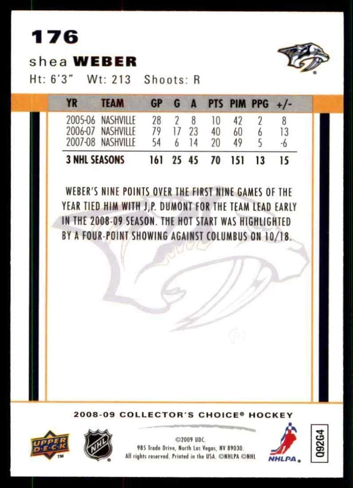 2008-09 Upper Deck Collector's Choice Shea Weber #176 - Image 2 of 2