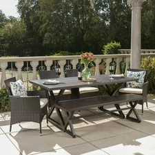 Owenburg Outdoor 6 Piece Aluminum Dining Set with Bench and Wicker Dining Chairs