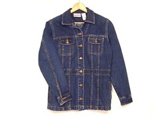 Bill Blass VTG dark denim long fit button jean jacket / women's S / great / b55