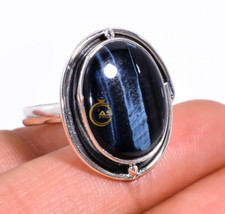 Natural Blue Tiger Eye Gemstone Ring 925 Sterling Silver Boho Rings Jewelry
