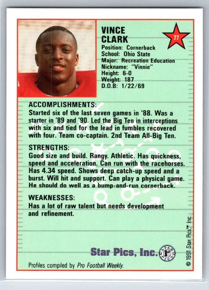 1991 Star Pics Vinnie Clark Rookie Ohio State Buckeyes RC #77 - Image 2 of 2