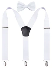 Men's 3.5cm Y-Back Adjustable Suspender and Bowtie White