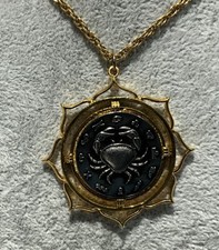 Cancer Gold  Silver Tone Pendant 24  Necklace Horoscope Astrology Vintage 1970s