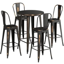 30" Round Distressed Copper Metal Restaurant Bar Table Set with 4 Cafe Barstool