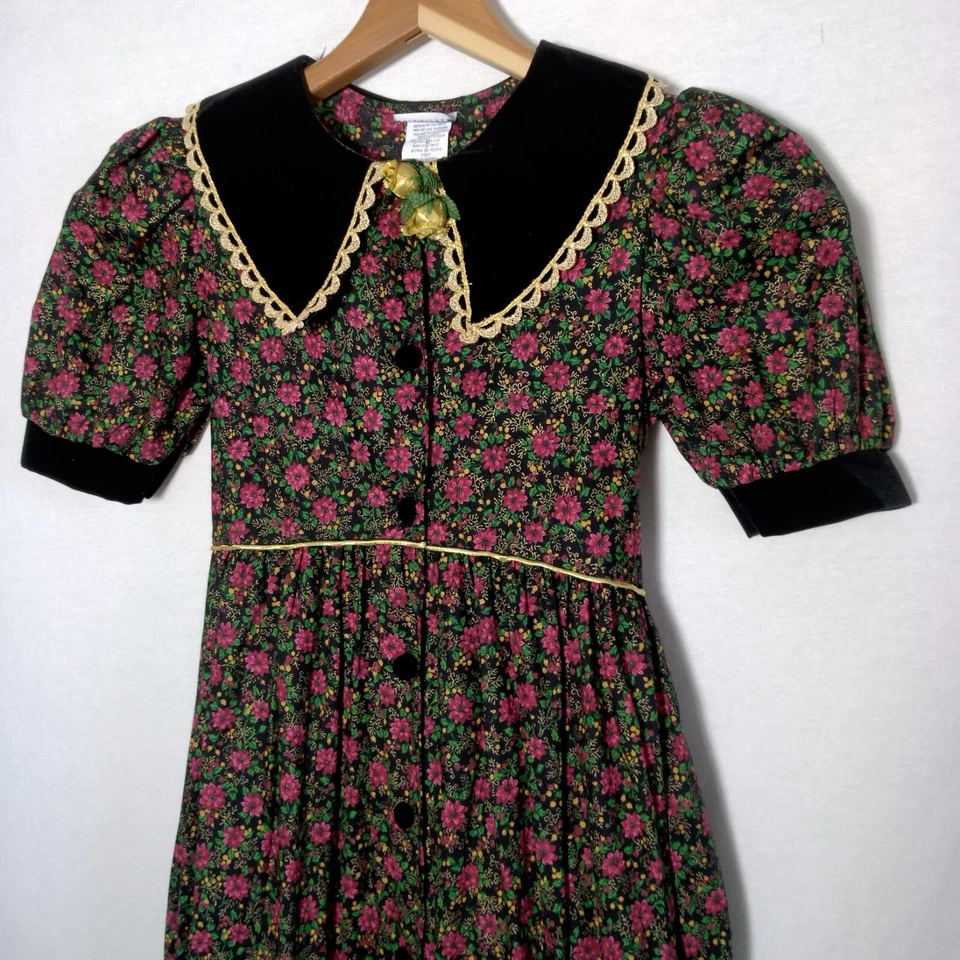 Vestido Thomas Talla 6X Vintage Púrpura Floral Manga Larga Cuello Terciopelo Borde Dorado Foto 3 de 4