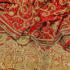 Vintage Heavy Bridal Dupatta Red Pure Chiffon Silk Long Stole Hand Embroidered