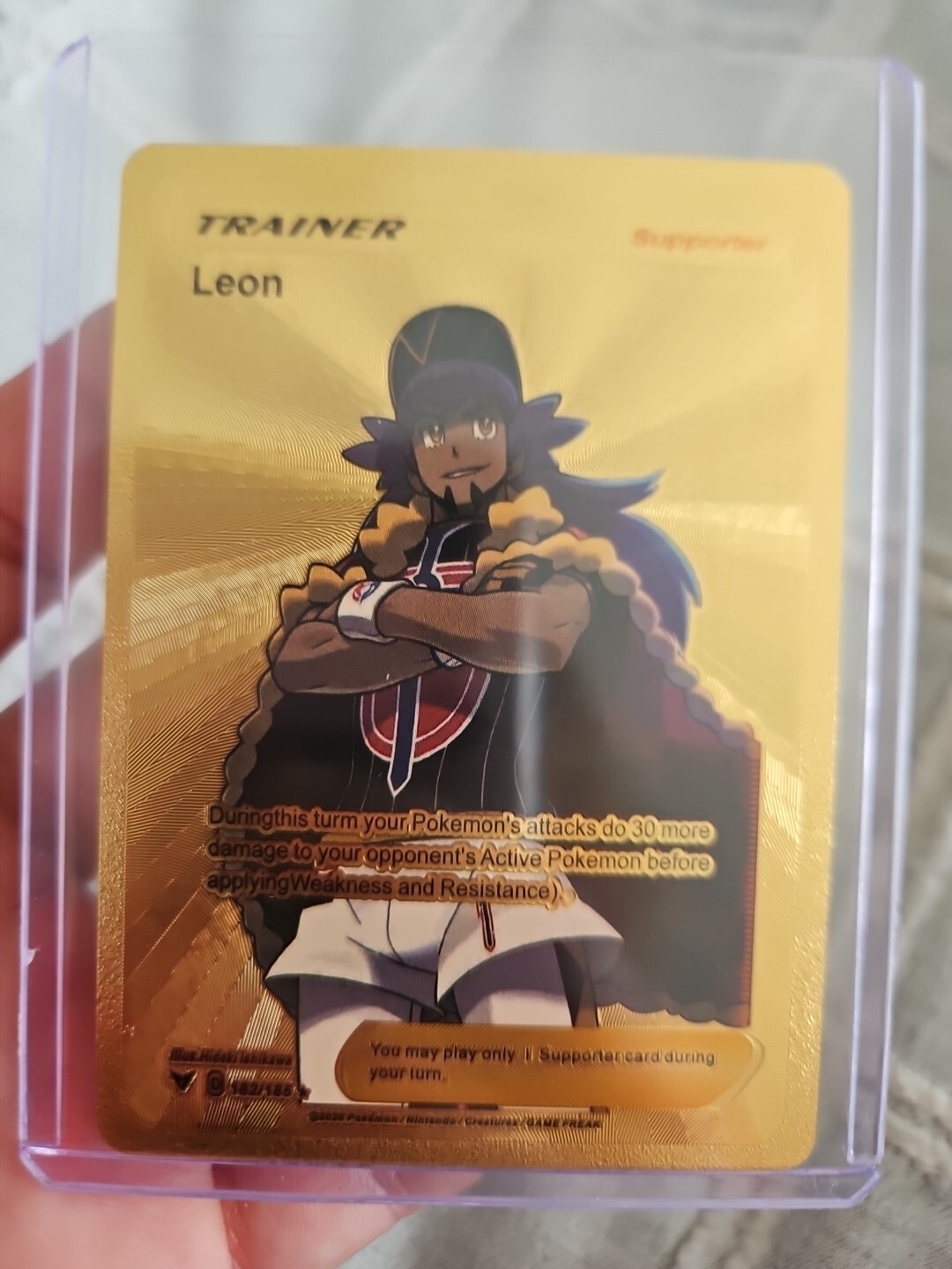 Leon Trainer Gold Foil Fan Art Textured Collector Pokemon Card 182/185