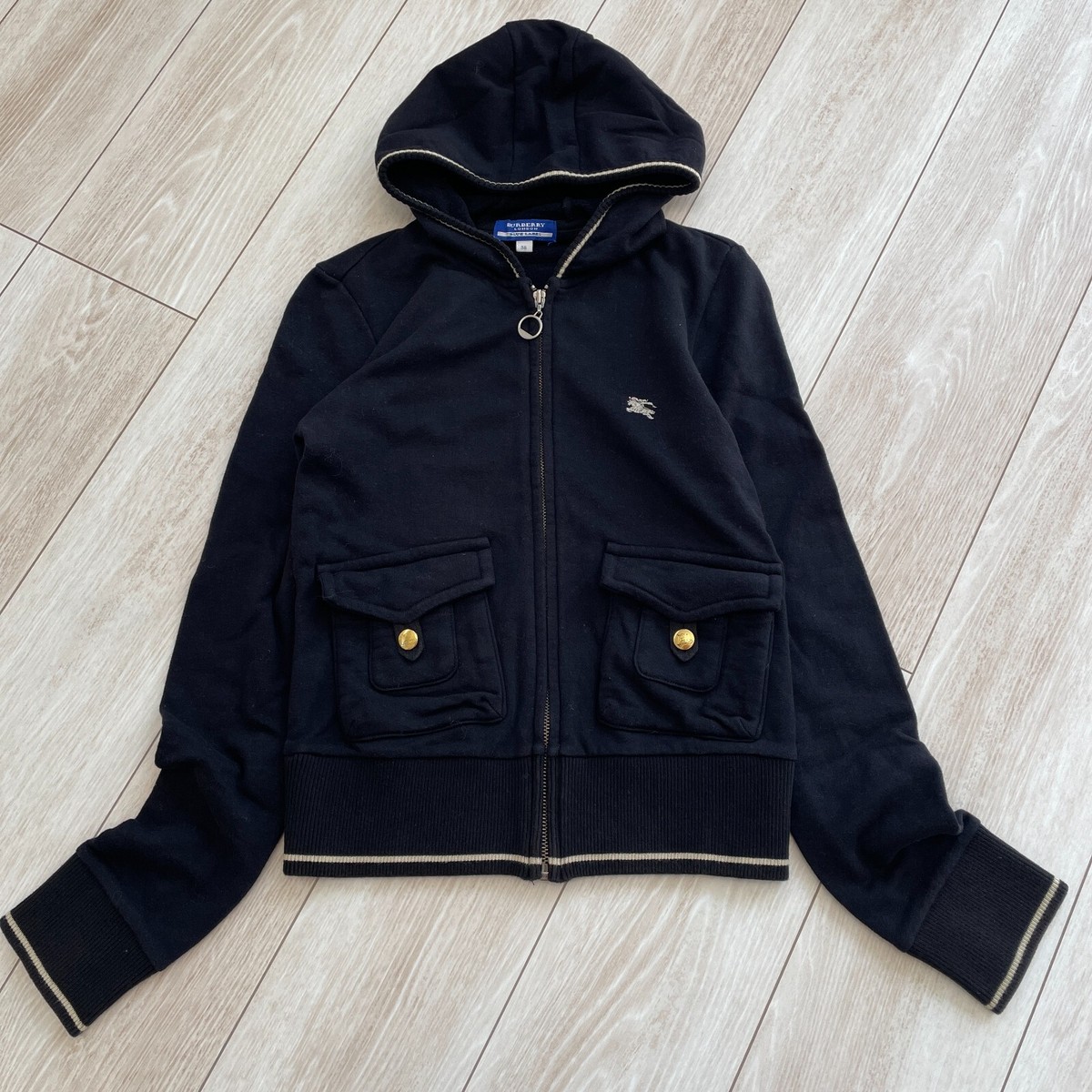 Burberry Blue Label Hoodie Iconic Logo Embroidery Black Burberry Blue Label Hoodie Iconic Logo Embroidery Black