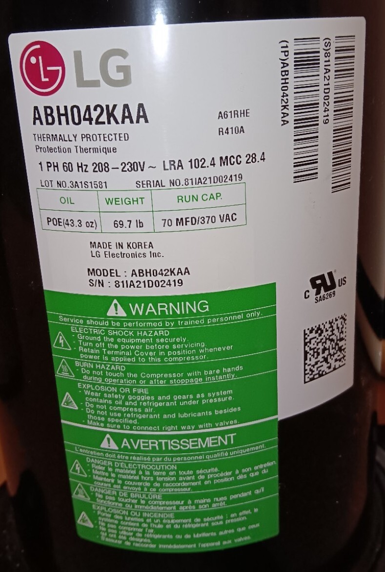 LG 55-107225-189 ABH042KAA CAPACITY, SCROLL, R-410A, 208/230, 1