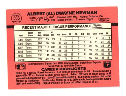 1990 Donruss #506c Al Newman Minnesota Twins - Picture 2 of 2