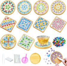 10 Set DIY Mosaic Tiles for Crafts Mixed Color Mosaic Kits with Wooden Coasters