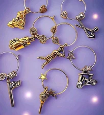 Golf Themed Charms "My Wine" Glass Stem Rings In Gold & Silver Tones Set Of 6 +1