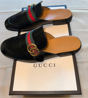 Gucci Princetown Leather Slide Loafers Black Web GG Men's 5 w/ Box