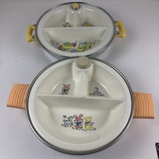 Pair of Vintage Baby Child's Food Divided Warming Plate Hot Water