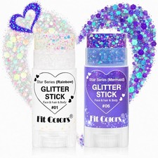 Glitter Stick 2 Pack, White  Purple Face Body Glitter Stick for Hair